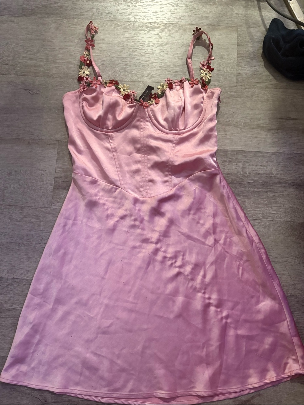 Pink Satin Floral-Trim Slip Dress